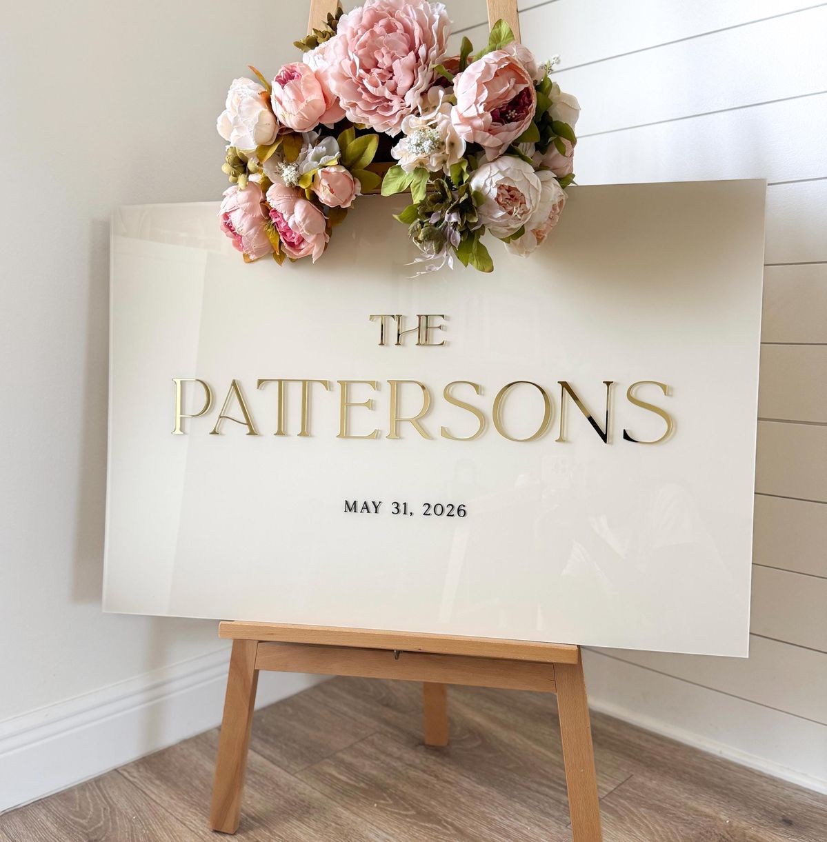 Cream acrylic sign with gold 3D letters THE PATTERSONS